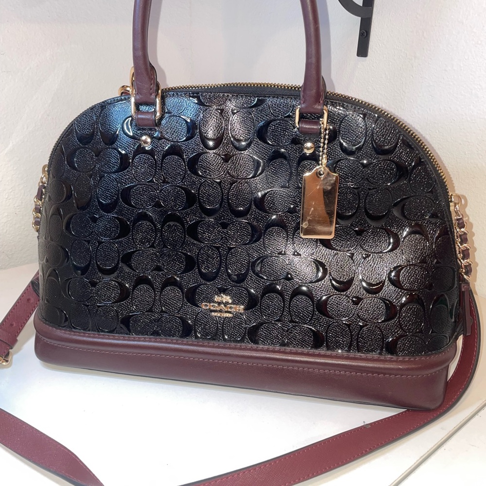 Coach sierra satchel signature black debossed patent leather with burgundy trim